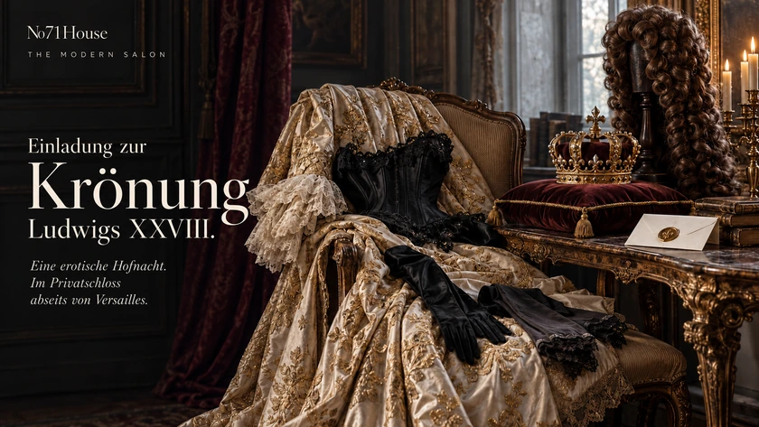 Einladung zur Krönung Ludwigs XXVIII. – Eine erotische Hofnacht im Privatschloss abseits von Versailles. Krone, barocke Lockenperücke, reich besticktes Kleid und schwarze Spitzenkorsage.