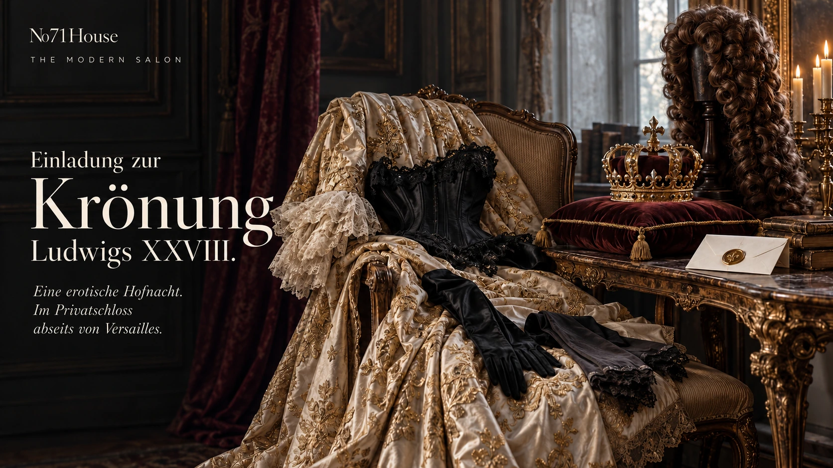 Einladung zur Krönung Ludwigs XXVIII. – Eine erotische Hofnacht im Privatschloss abseits von Versailles. Krone, barocke Lockenperücke, reich besticktes Kleid und schwarze Spitzenkorsage.