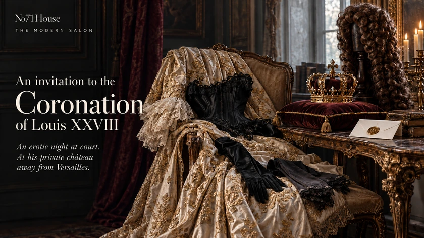 An invitation to the Coronation of Louis XXVIII – An erotic night at court, at his private château away from Versailles. A crown, a long baroque curled wig, an embroidered gown and a black lace corset.