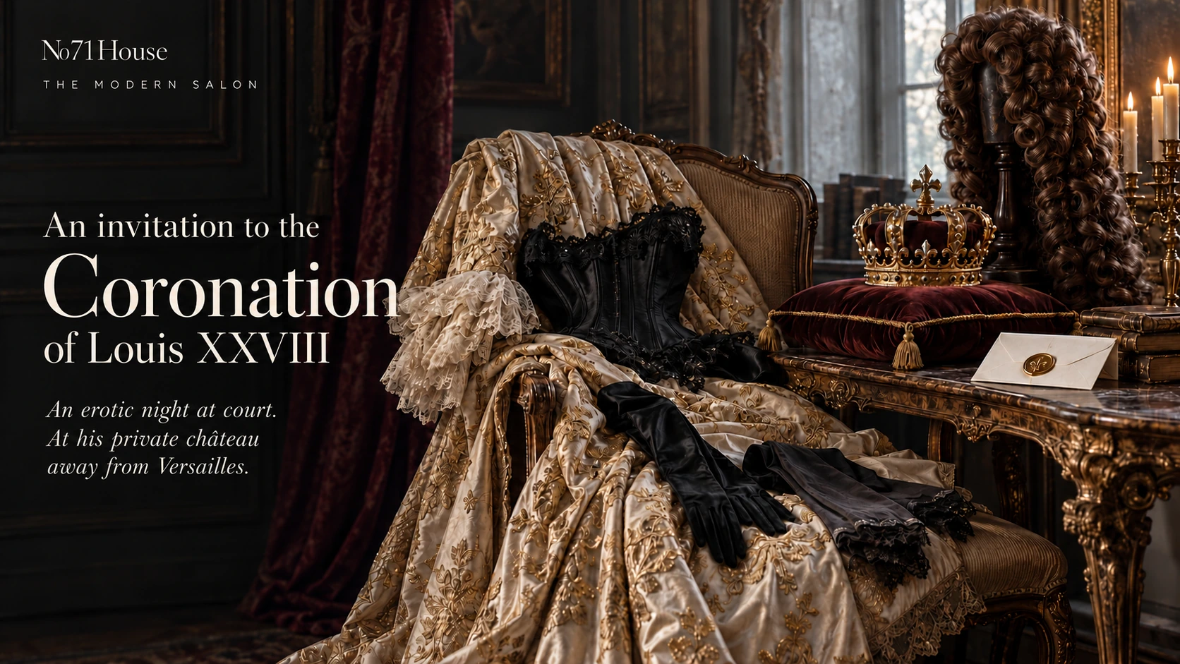 An invitation to the Coronation of Louis XXVIII – An erotic night at court, at his private château away from Versailles. A crown, a long baroque curled wig, an embroidered gown and a black lace corset.
