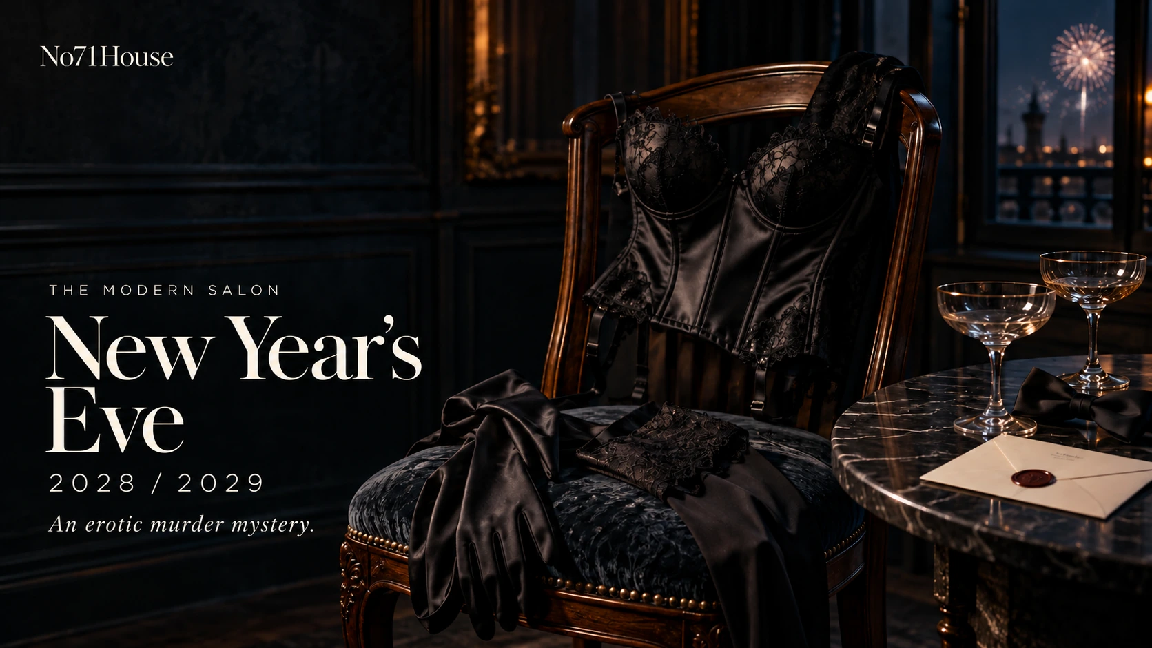 New Year’s Eve 2028/2029 – An erotic murder mystery. A black lace bustier, stockings and gloves on an antique chair, with a sealed invitation, champagne coupes and fireworks outside the window.